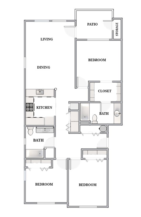 Floor plan for 3 beds, 2 baths, 1126 sqft